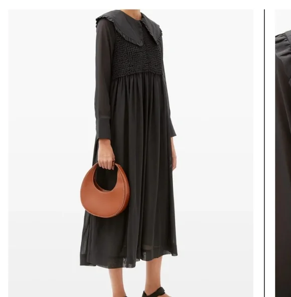 GANNI Ruffled-Collar Smocked Chiffon Dress Size 32 Or Size 0 - Picture 2 of 16